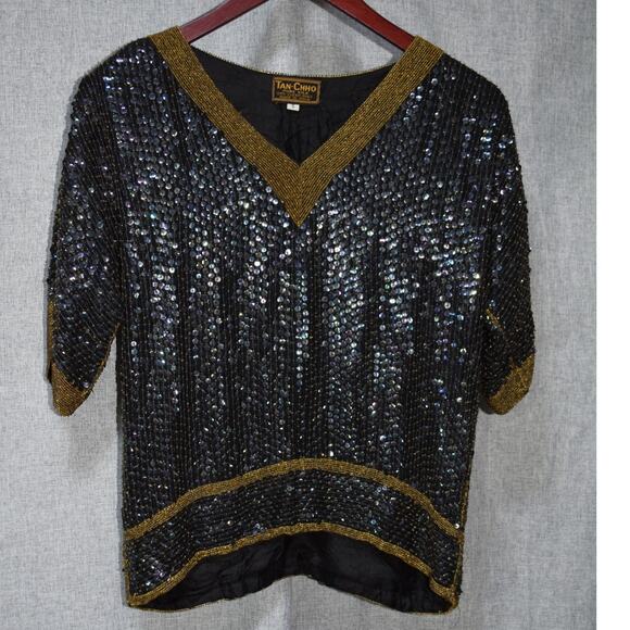 Tan-Chho Black & Gold Sequin Beaded Silk Top Size S - Picture 1 of 4